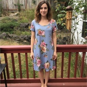 Blue Floral Rose jersey tee shirt dress by TMG size small summer beach trip